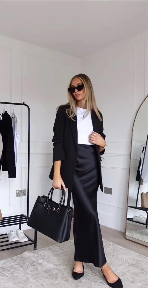 black satin skirt outfit