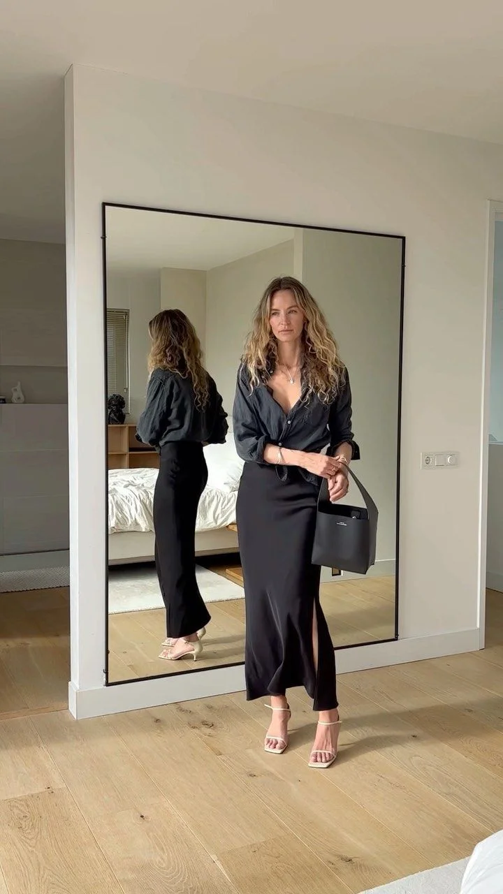 black satin skirt outfit