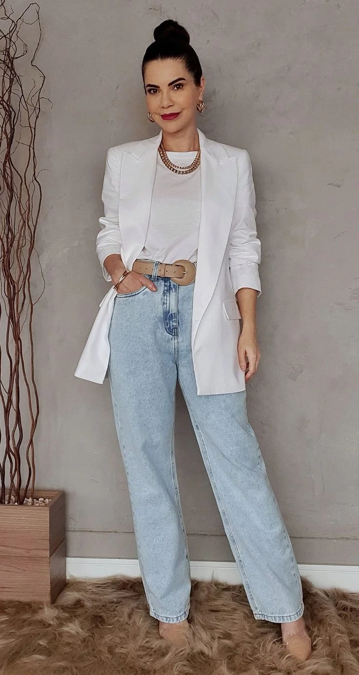 denim and white outfits