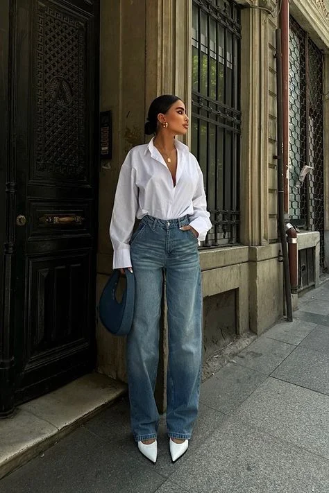 denim and white outfits