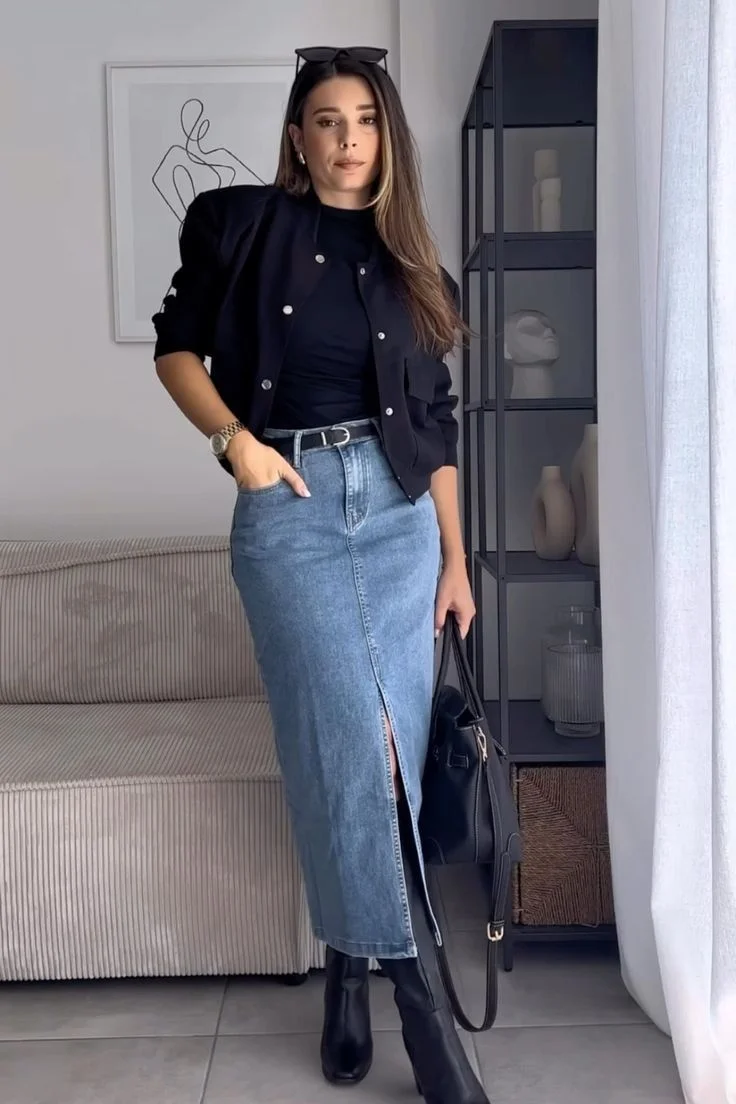 denim skirt outfit ideas