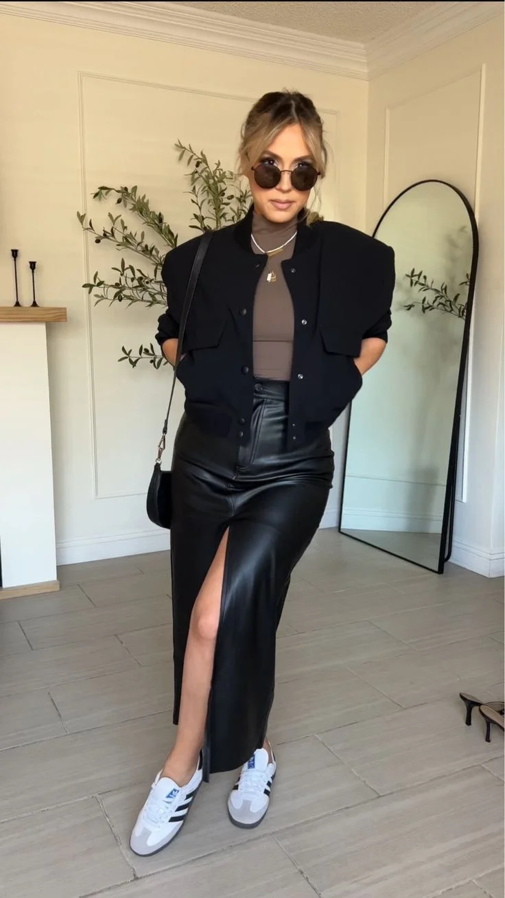 leather skirt outfit ideas