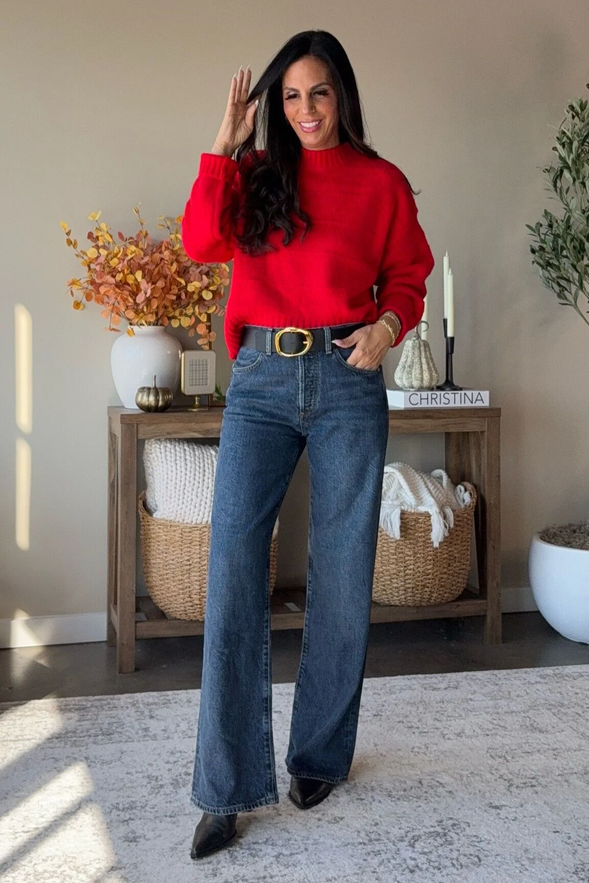 red sweater outfit