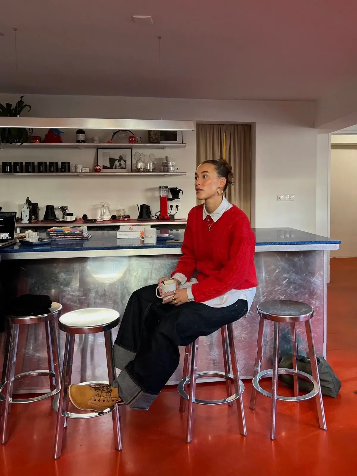 red sweater outfit