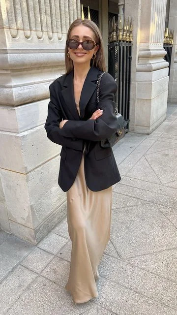 satin skirt outfit
