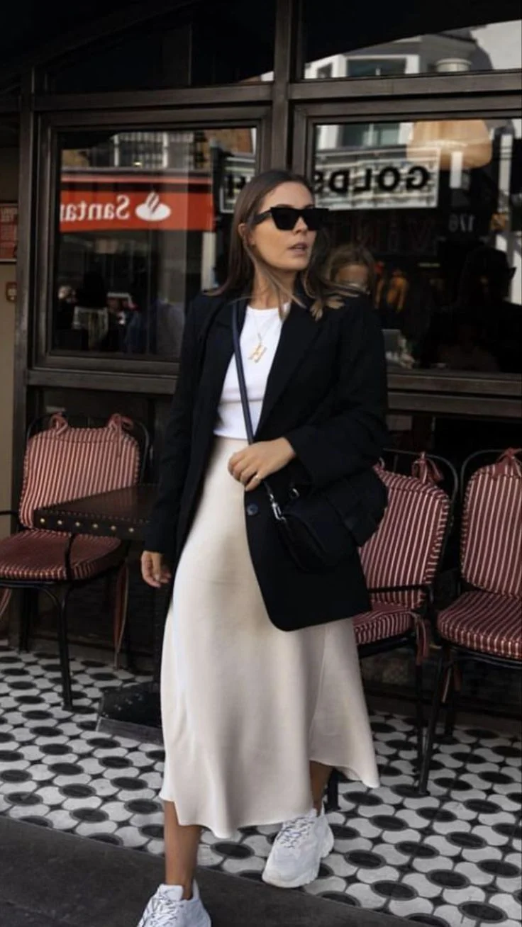 satin skirt outfit