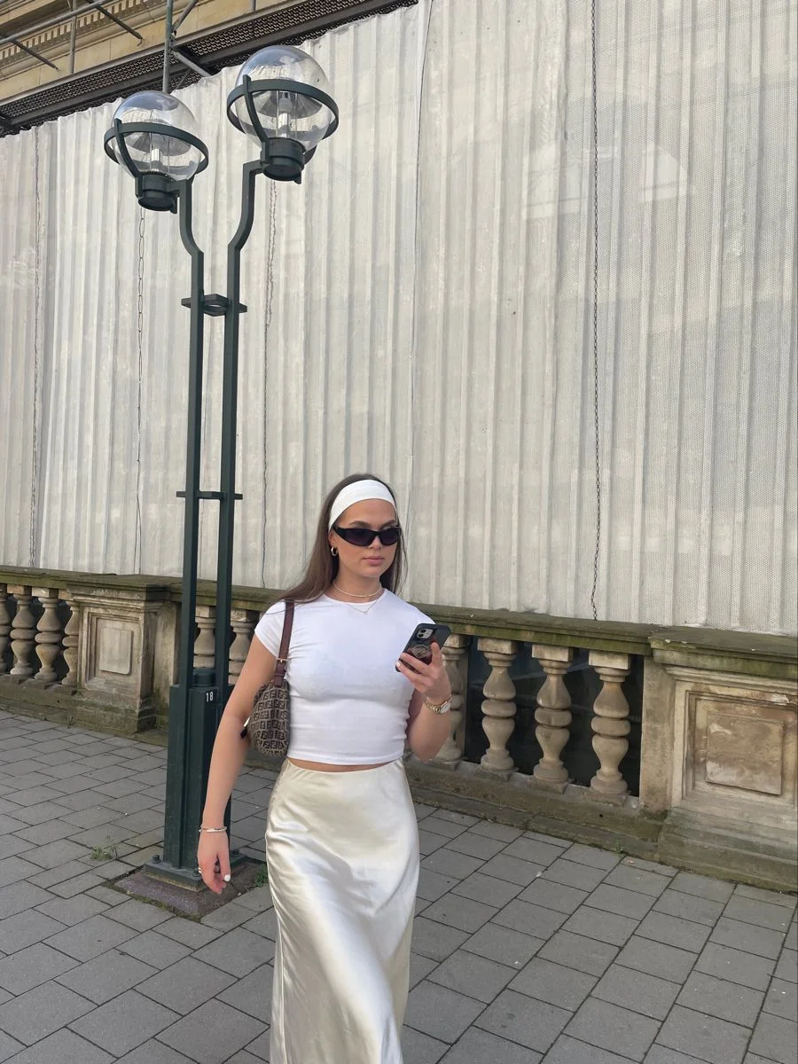 satin skirt outfit