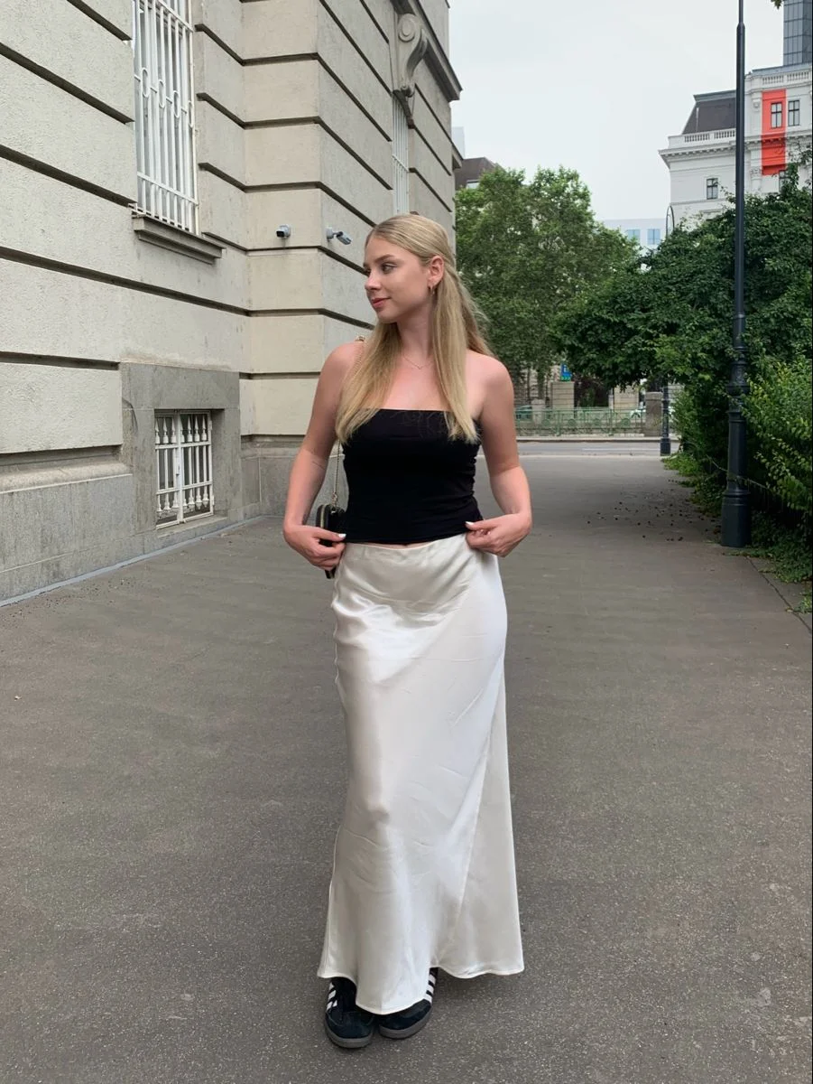 satin skirt outfit