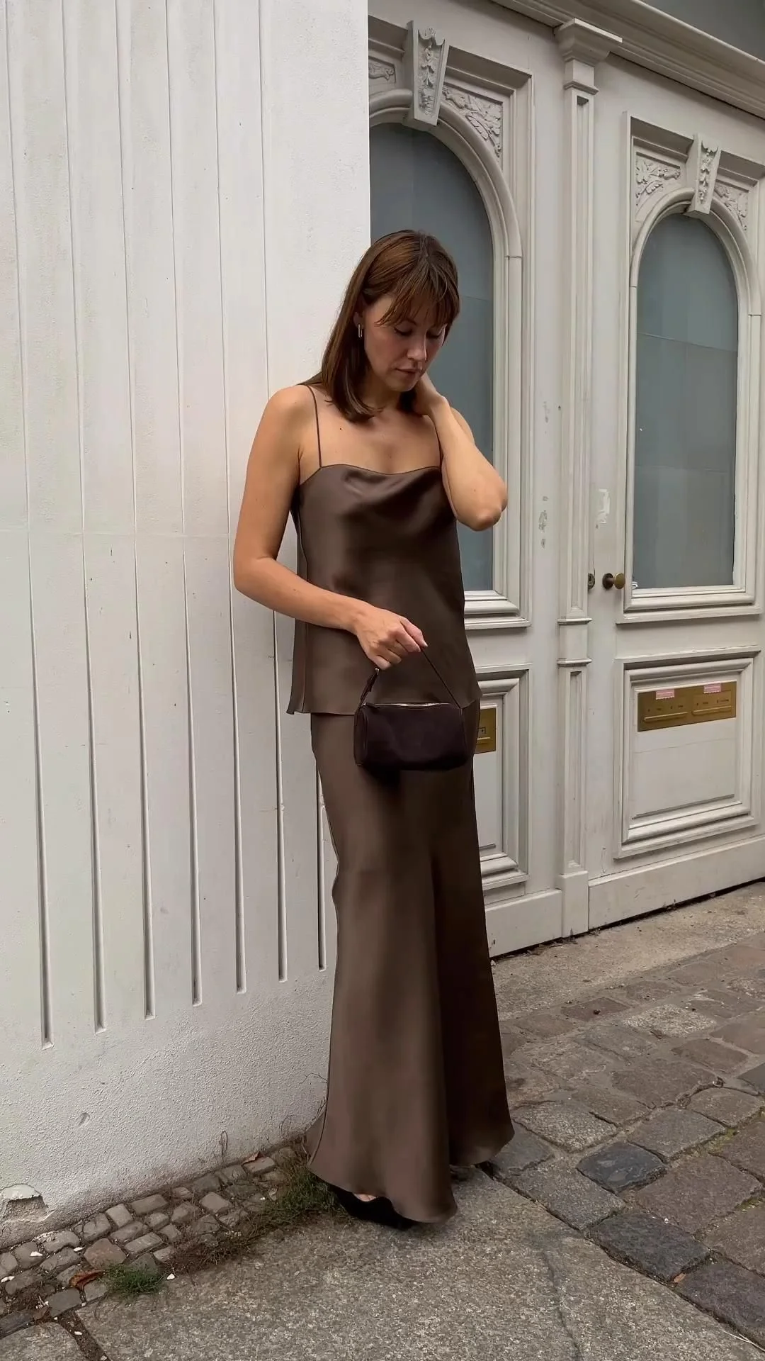 satin skirt outfit