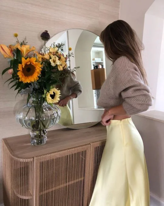 satin skirt outfit