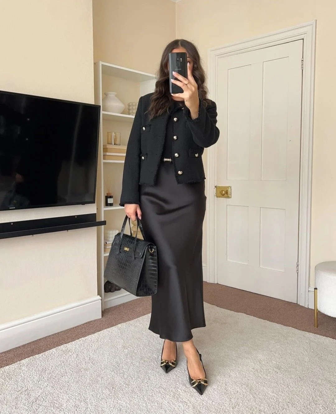 satin skirt outfit