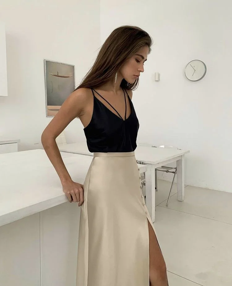 satin skirt outfit