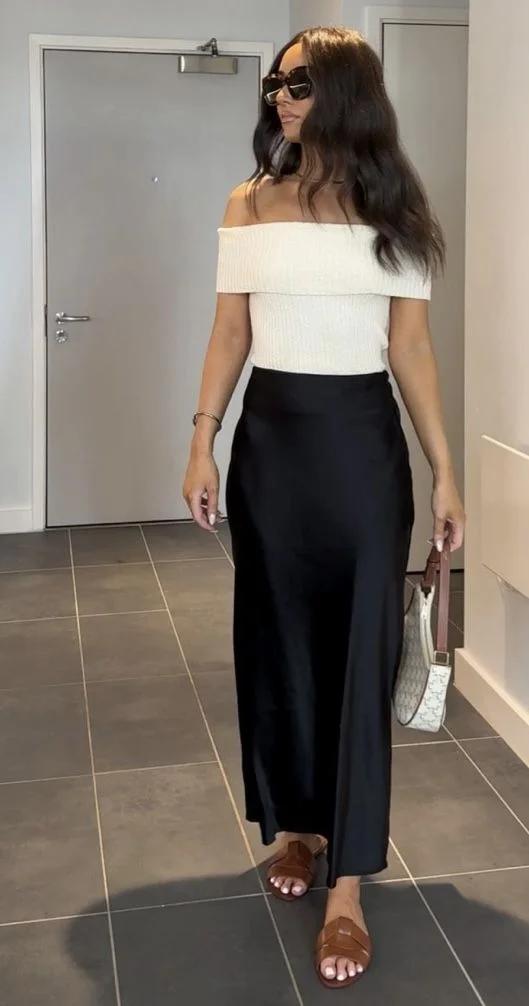 satin skirt outfit