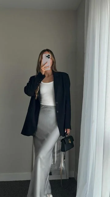 satin skirt outfit