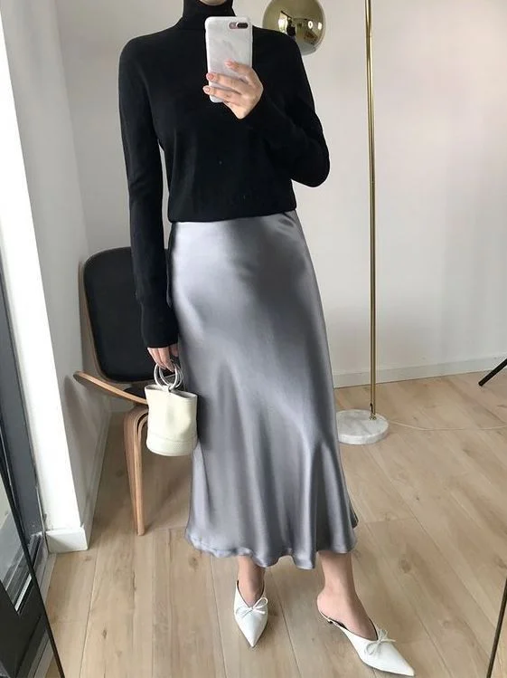 satin skirt outfit