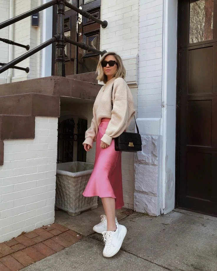 satin skirt outfit