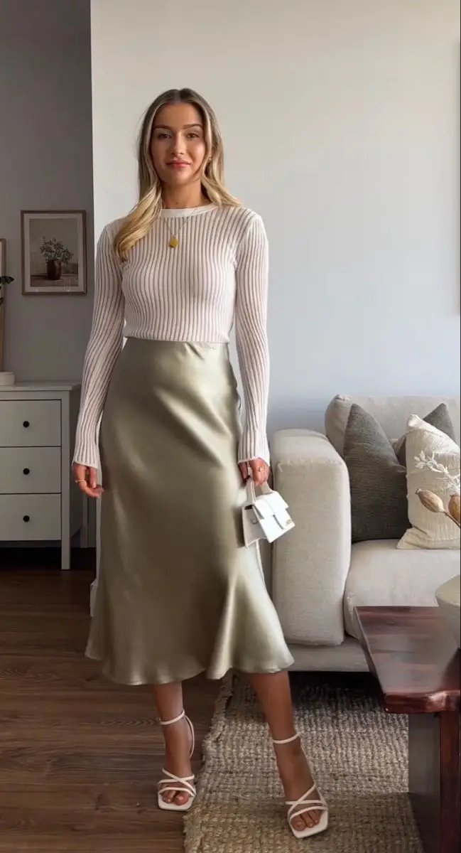 satin skirt outfit