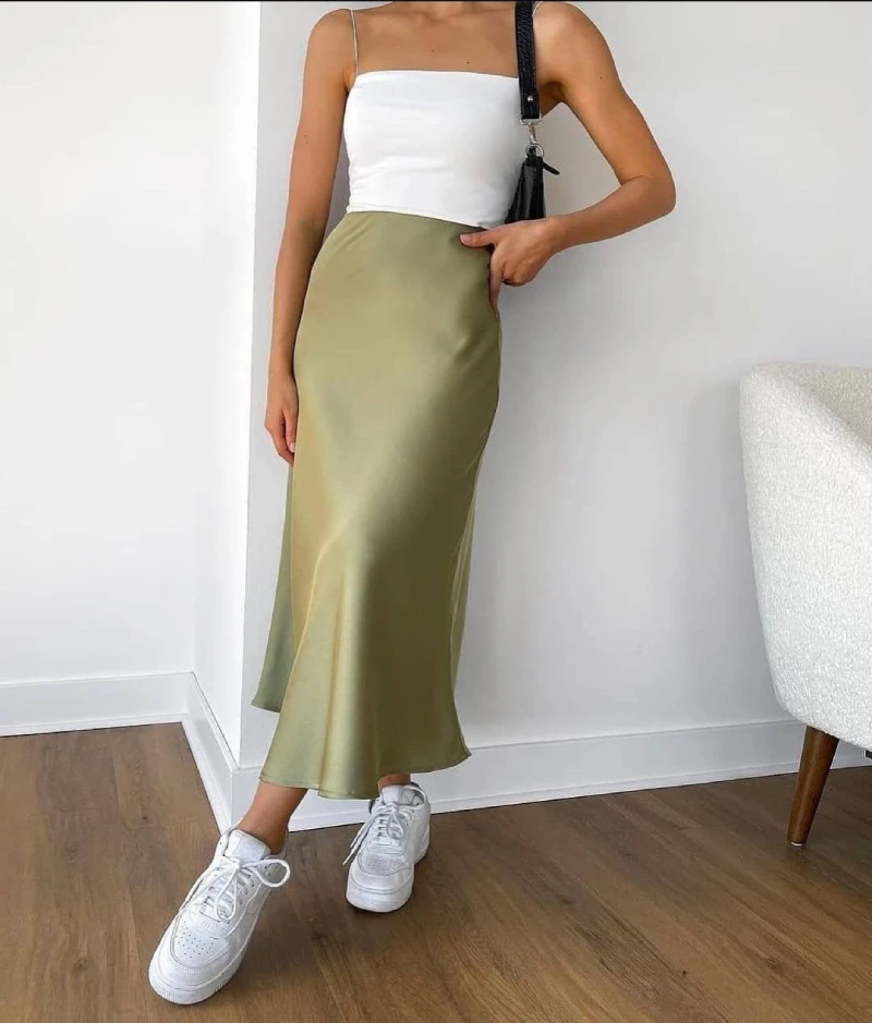 satin skirt outfit