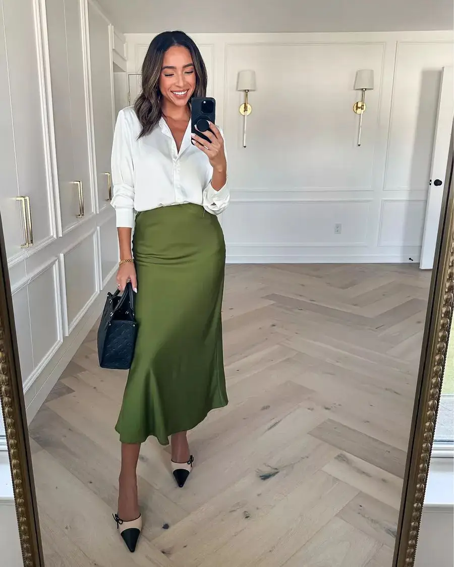 satin skirt outfit